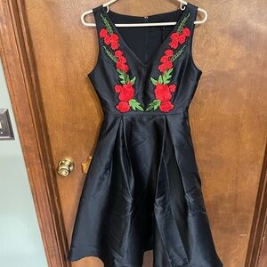 Elegant Black Mini Dress with Red Floral Embroidery